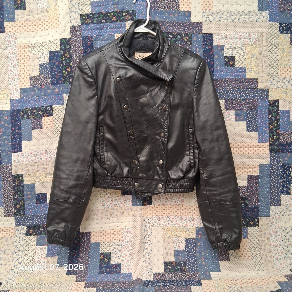 Vintage Bermans Womens S Black Leather Crossover Double Breasted Snap Jacket 80s